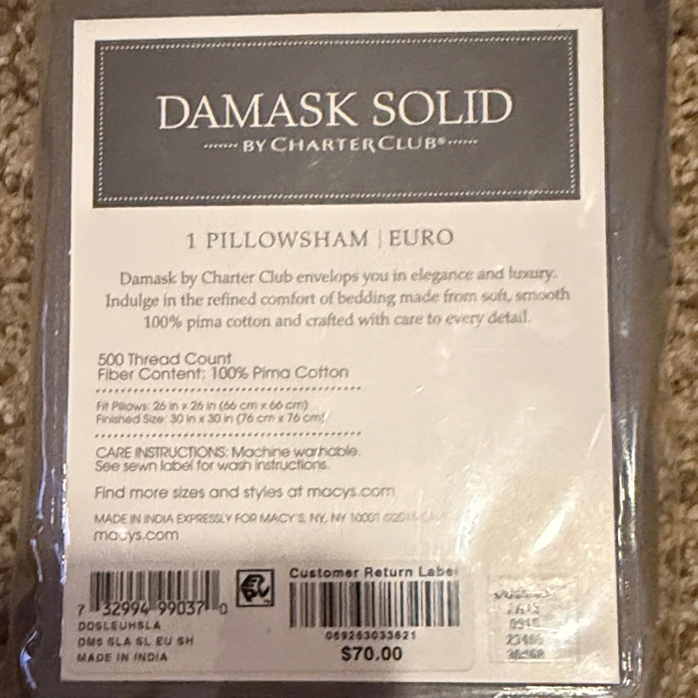 Charter Club Damask Solid Euro Pillow Sham in Gray